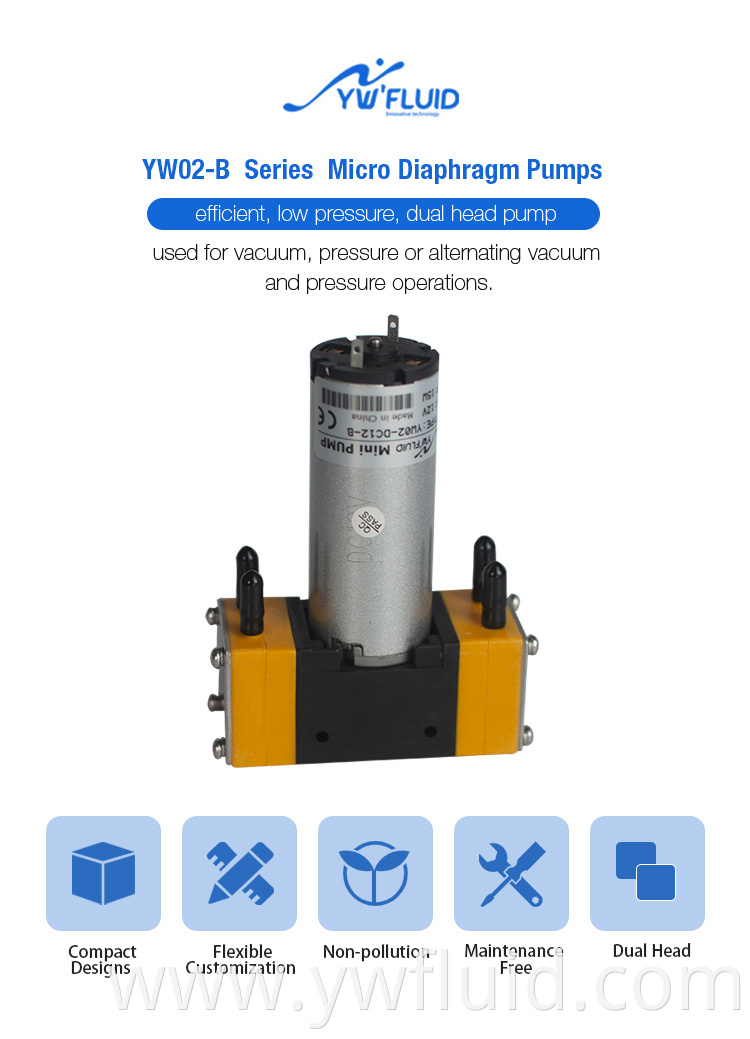 YW02-B-DC 12V 24V Mini Diaphragm Dual Head Pump Brush Air Pump 4.2L/min Water Pump 600ml/min 0.1MPa 15PSI